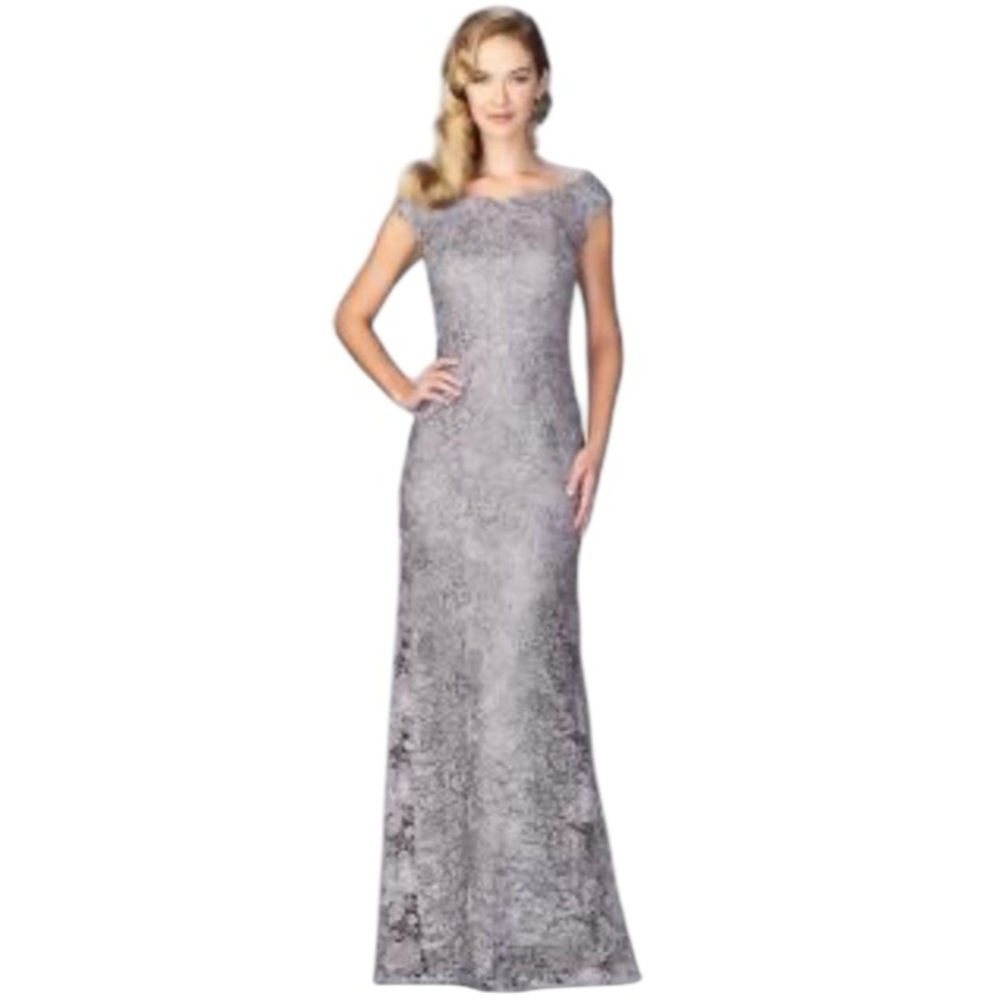 NWT LaFemme Metallic Floral Lace Bateau Neck Cap Sleeve Gown Formal‎ Wedding